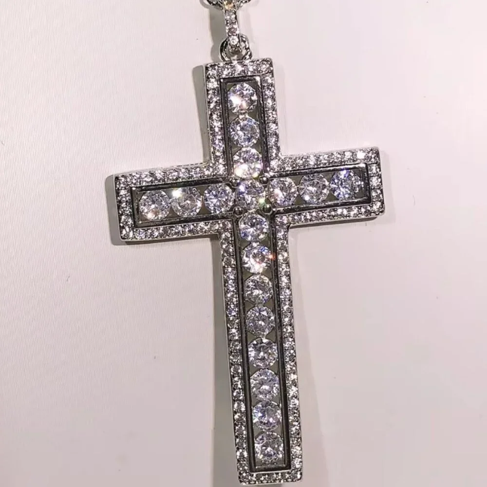 🆕 Large Halo 8.00 Ctw Diamond Cross and 18" Necklace 18k White Gold 🆕 - Picture 2 of 6